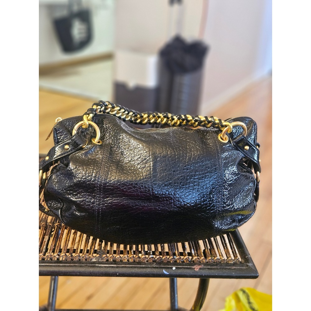 Michael Kors Fulton Black Crinkled Patent Leather Hobo Bag Gold Chain Strap - Picture 9 of 11